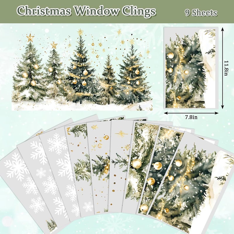 Whaline 9 Sheets Christmas Window Clings Window Decals Watercolor Xmas Tree Ball Winter Forest Reusable Anti-Collision PVC Stickers for Holiday Home Glass Mirror Decor - Image 5
